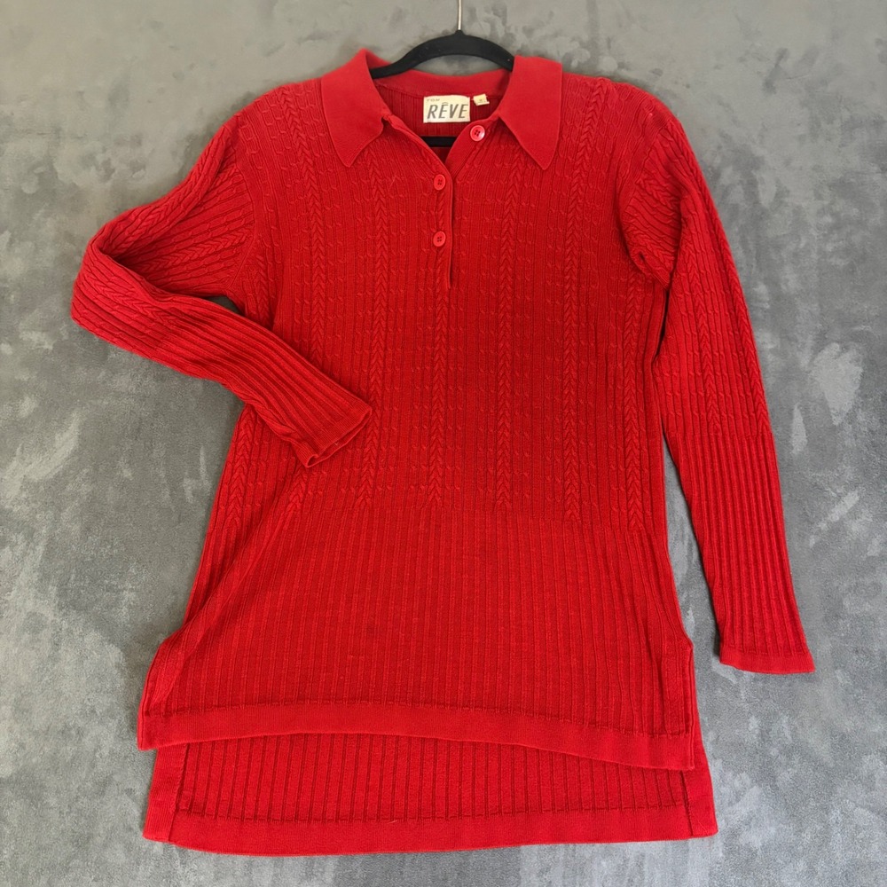 VTG Ton Reve 80's Red Cable Knit Polo Tunic Sweater Long Sleeve Side Slit Size M